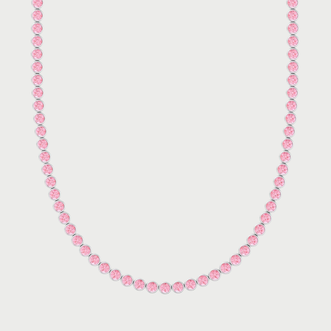Bezel Set Fancy Pink Lab Grown Diamond Tennis Necklace 18K Solid Gold