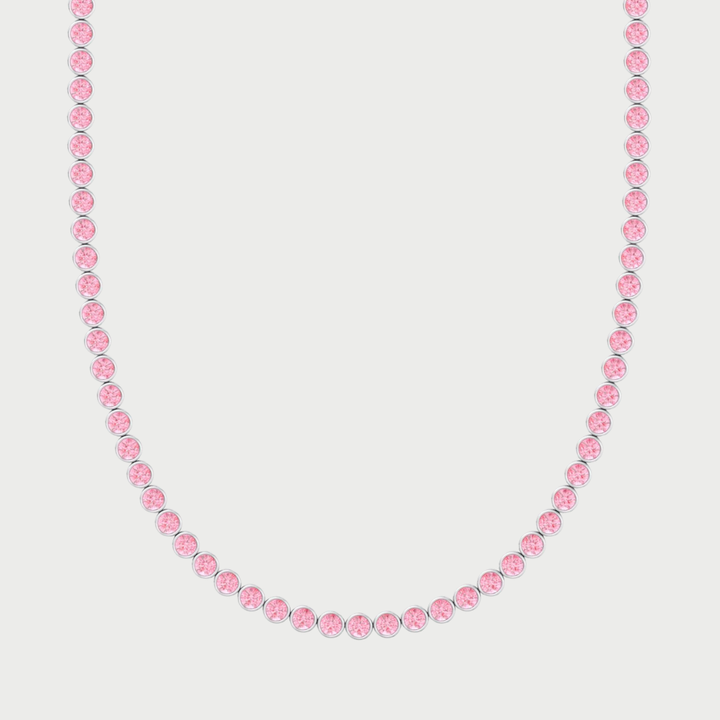 Bezel Set Fancy Pink Lab Grown Diamond Tennis Necklace 18K Solid Gold