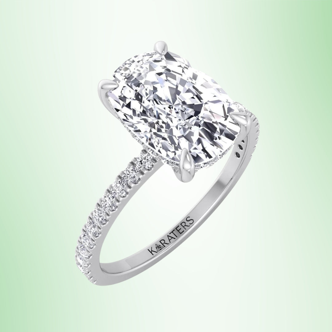 Freesia - Elongated Cushion Cut Lab Grown Diamond Engagement Ring with Sidestones and Hidden Halo