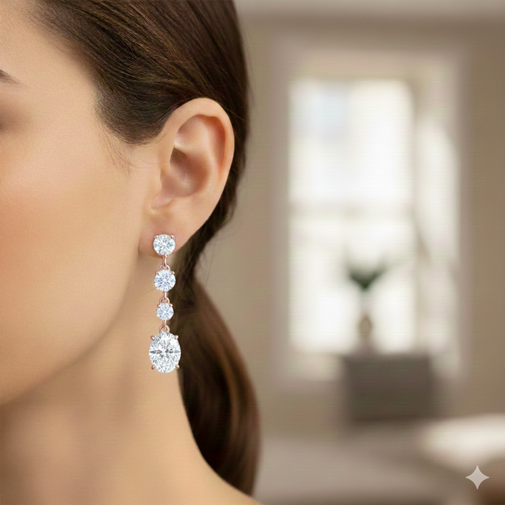 Oval and Round Shape Lab Grown Diamond Drop Earrings Rose Gold