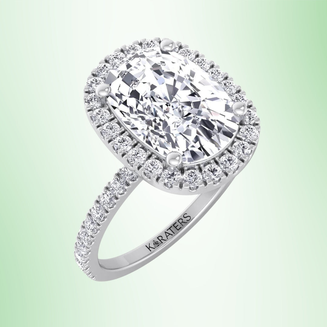 Gladioaus-Elongated Cushion Cut Halo Lab Grown Diamond Engagement Ring with Side Stones