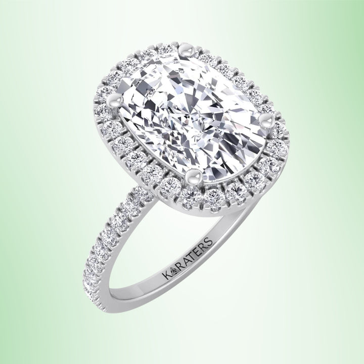 Gladioaus-Elongated Cushion Cut Halo Lab Grown Diamond Engagement Ring with Side Stones