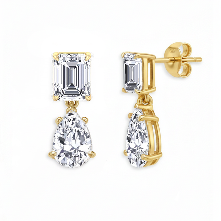 Yellow Gold Emerald and Pear Shape Earring