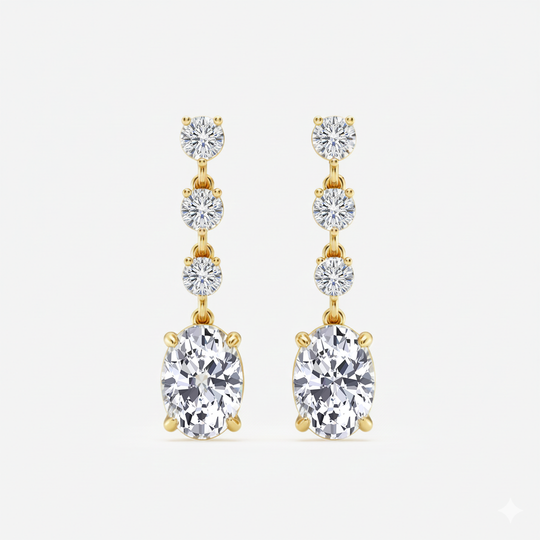 Oval and Round Shape Lab Grown Diamond Drop Earrings Yellow Gold 18K