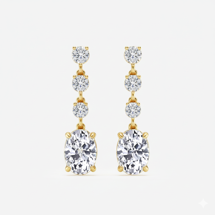 Oval and Round Shape Lab Grown Diamond Drop Earrings Yellow Gold 18K