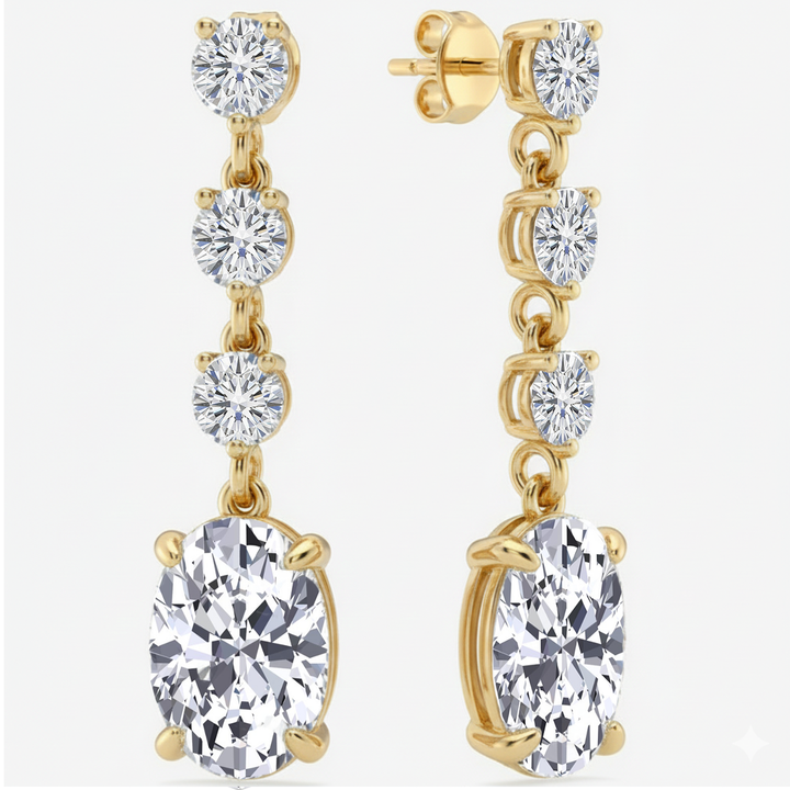 Oval and Round Shape Lab Grown Diamond Drop Earrings Yellow Gold 14K