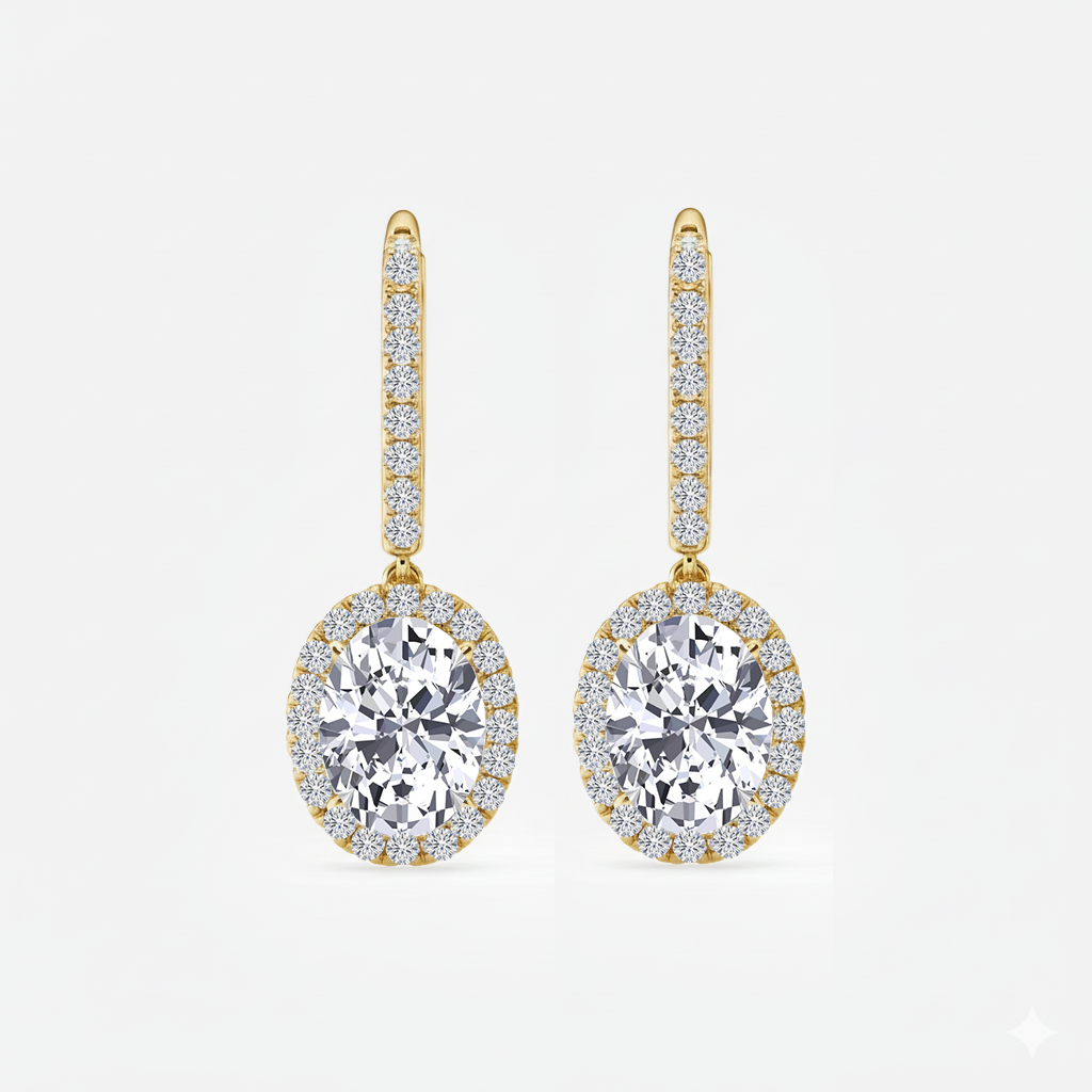Oval Shape Lab Grown Diamond Halo Drop Earrings side view yellow gold