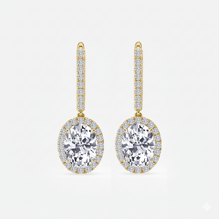 Oval Shape Lab Grown Diamond Halo Drop Earrings side view yellow gold