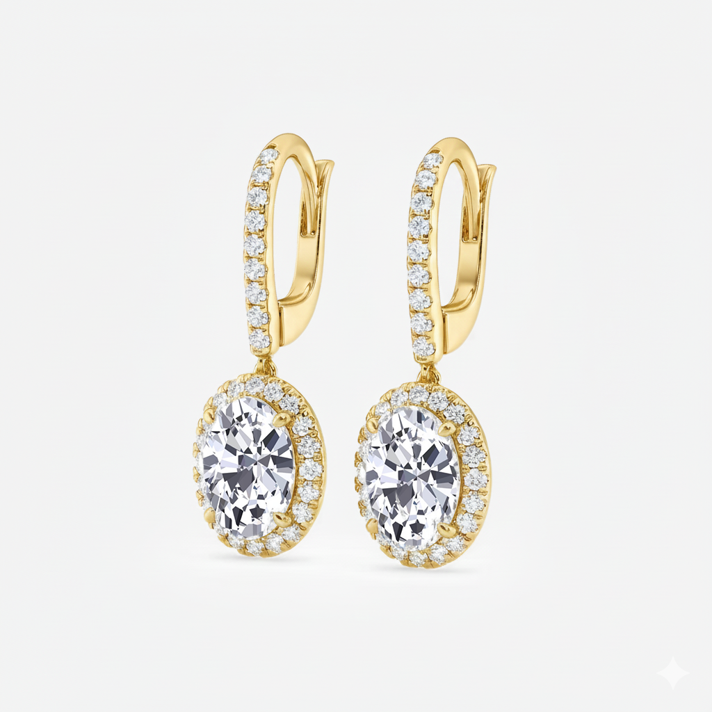 Oval Shape Lab Grown Diamond Halo Drop Earrings side view yellow gold