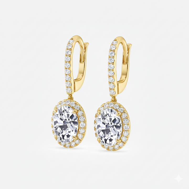 Oval Shape Lab Grown Diamond Halo Drop Earrings side view yellow gold
