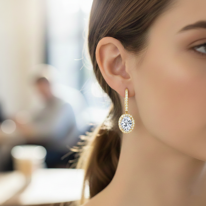 Oval Shape Lab Grown Diamond Halo Drop Earrings lifestyle  yellow gold