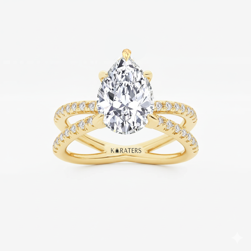 Pear Shape Lab Grown Diamond Engagement Ring with Double BAND SideStones Yellow gold top view