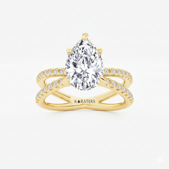 Pear Shape Lab Grown Diamond Engagement Ring with Double BAND SideStones Yellow gold top view