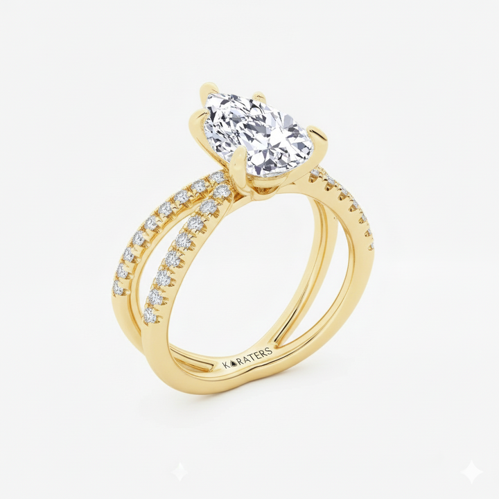 Pear Shape Lab Grown Diamond Engagement Ring with Double BAND SideStones yellow gold side view