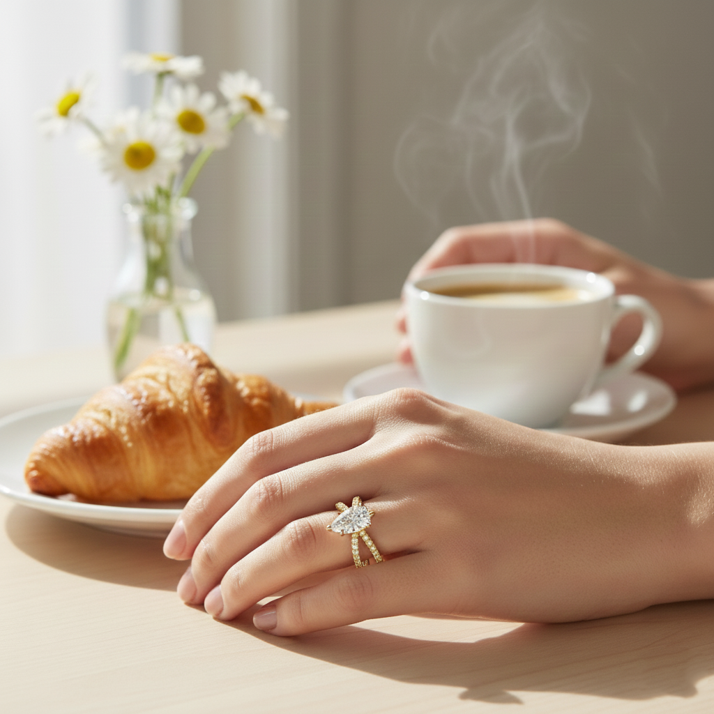 Pear Shape Lab Grown Diamond Engagement Ring with Double BAND SideStones white gold lifestyle