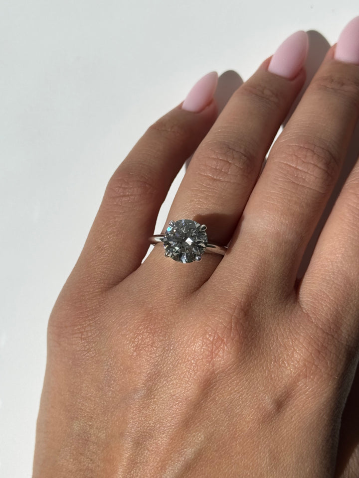 Grande - Thin Band Round Brilliant Lab Diamond Ring, White Gold, Female Hand