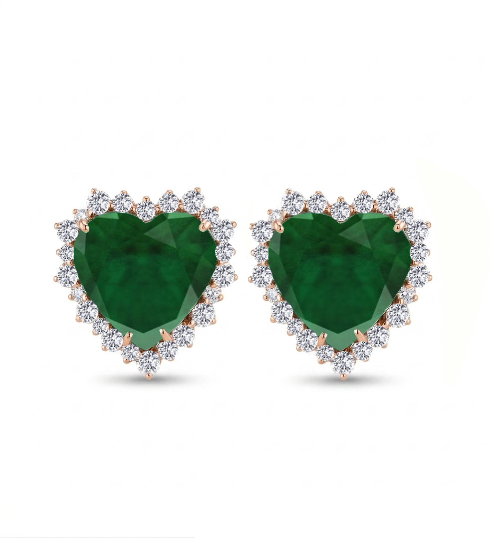 Green Emerald Heart Shape Lab Grown Diamond Halo Studs RG