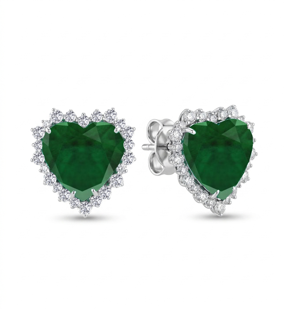 Green Emerald Heart Shape Lab Grown Diamond Halo Studs WG 3