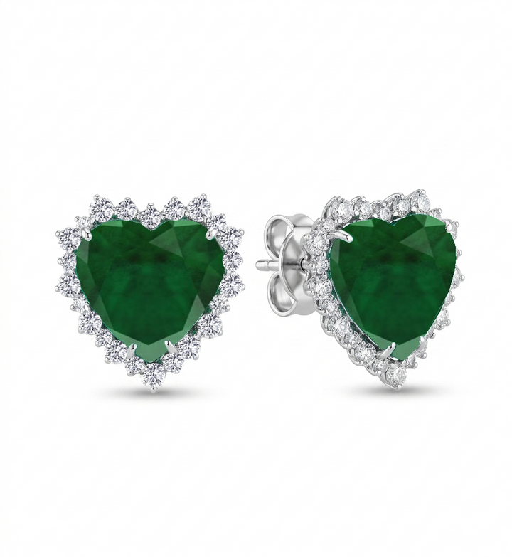 Green Emerald Heart Shape Lab Grown Diamond Halo Studs WG 3