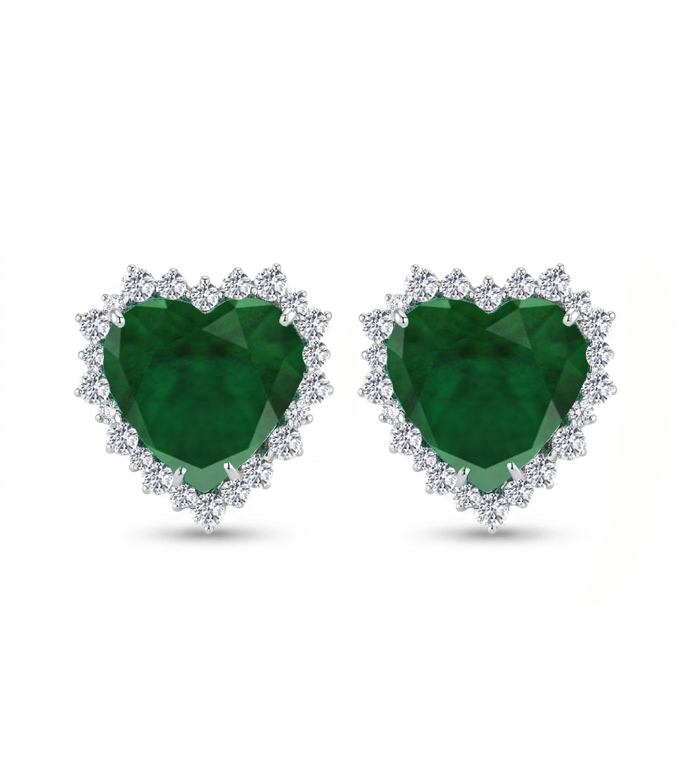 Green Emerald Heart Shape Lab Grown Diamond Halo Studs WG 2