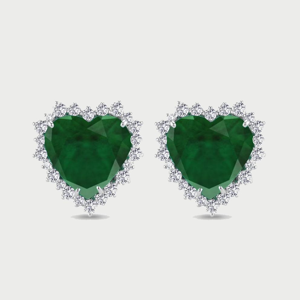 Green Emerald Heart Shape Lab Grown Diamond Halo Studs WG