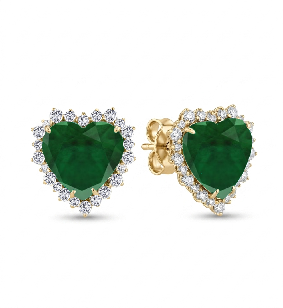 Green Emerald Heart Shape Lab Grown Diamond Halo Studs YG 2