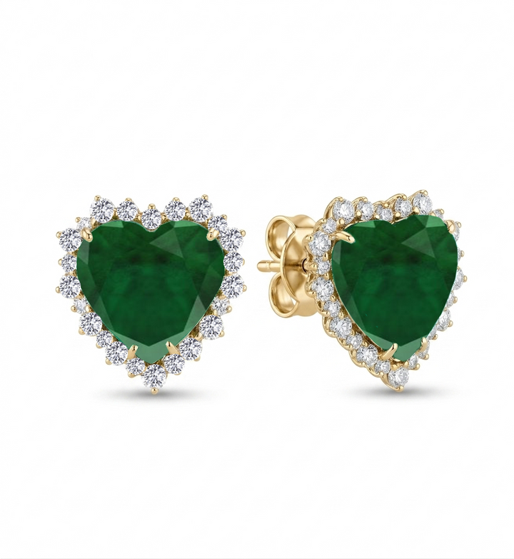 Green Emerald Heart Shape Lab Grown Diamond Halo Studs YG 2