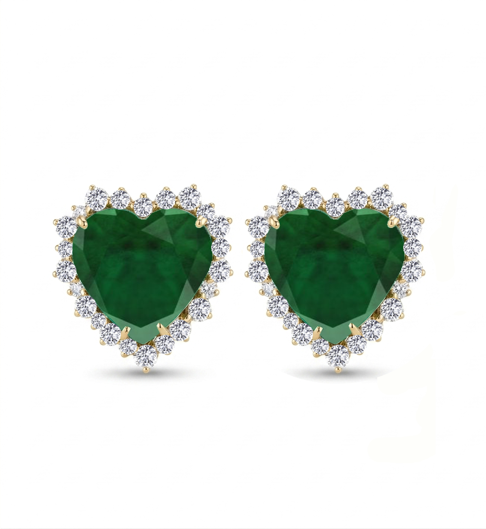 Green Emerald Heart Shape Lab Grown Diamond Halo Studs YG