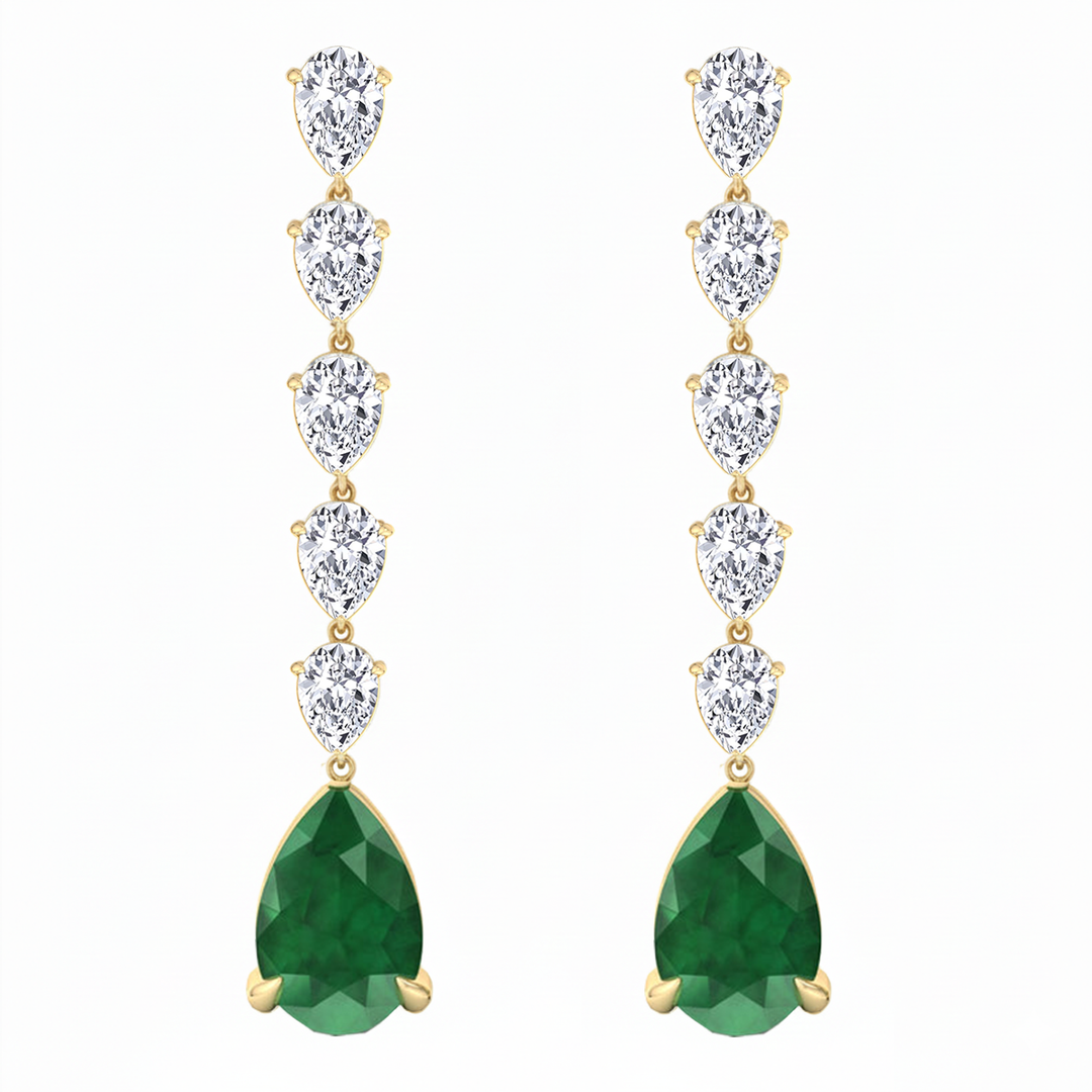 Pear Shape Lab Grow Green Emerald and Diamond Drop Earrings Yellow Gold 14K