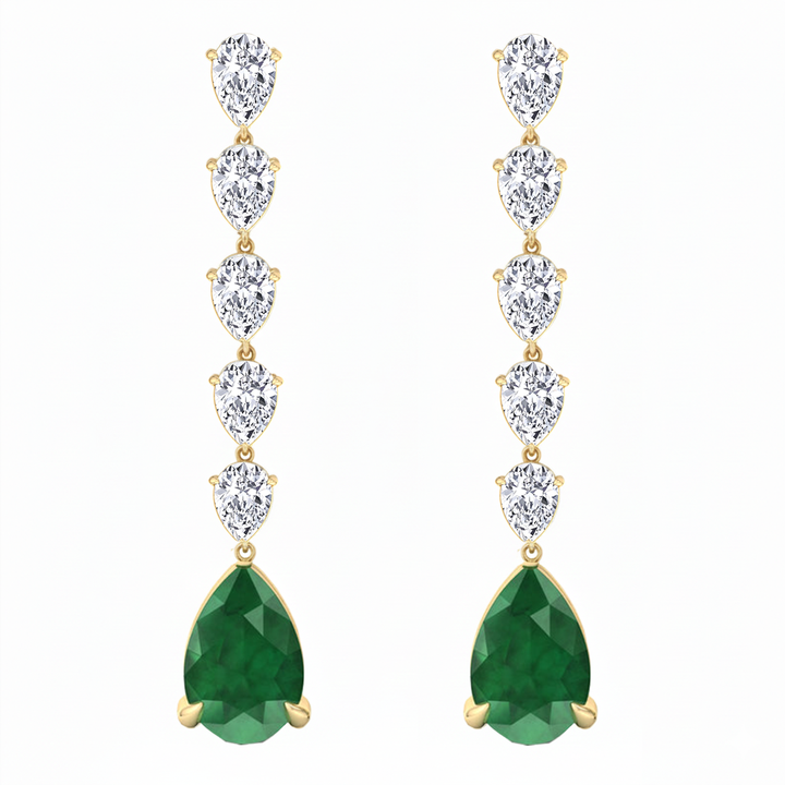 Pear Shape Lab Grow Green Emerald and Diamond Drop Earrings Yellow Gold 14K