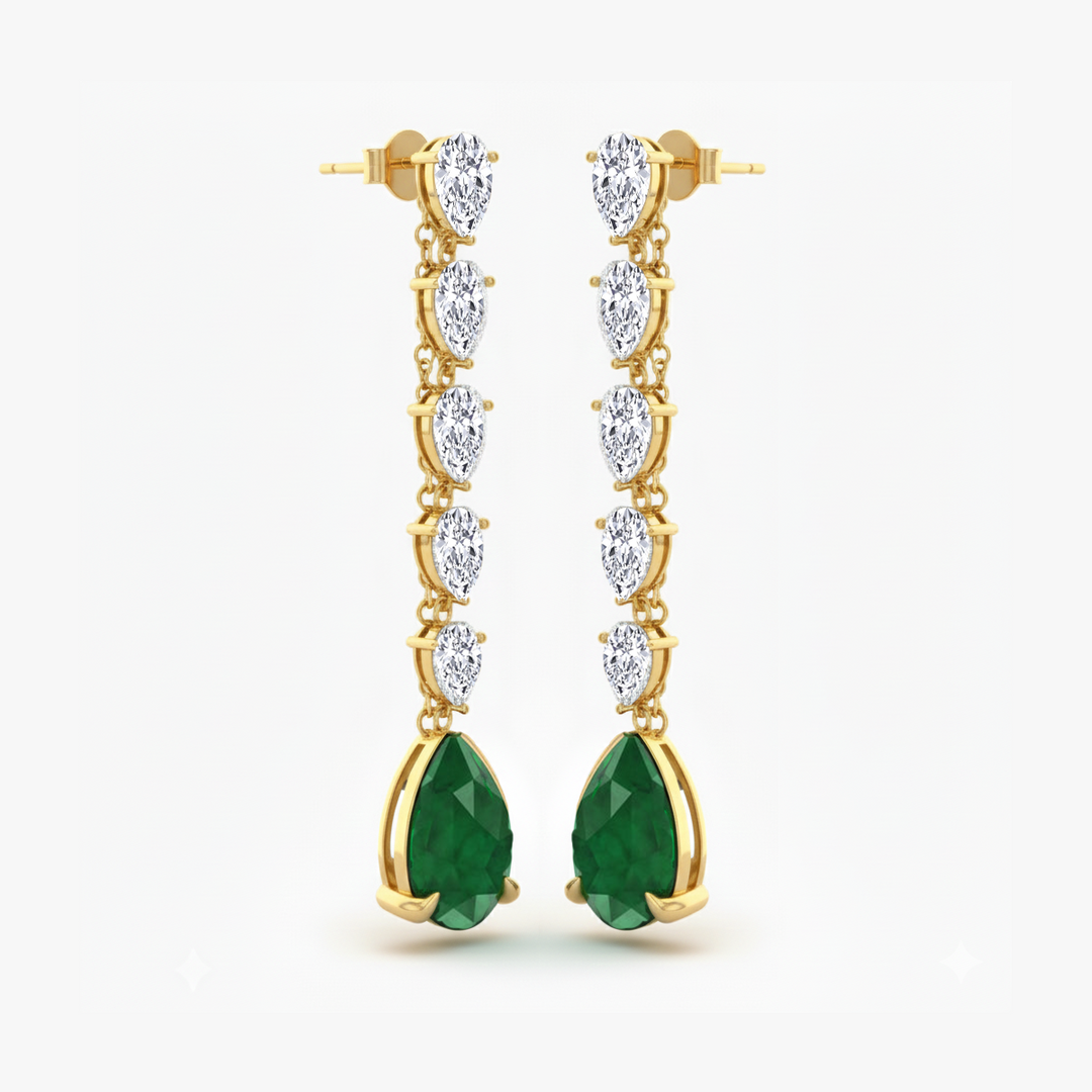 Pear Shape Lab Grow Green Emerald and Diamond Drop Earrings Yellow Gold 18K