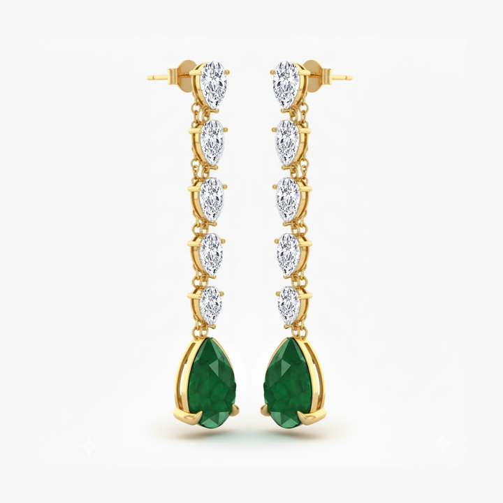 Pear Shape Lab Grow Green Emerald and Diamond Drop Earrings Yellow Gold 18K