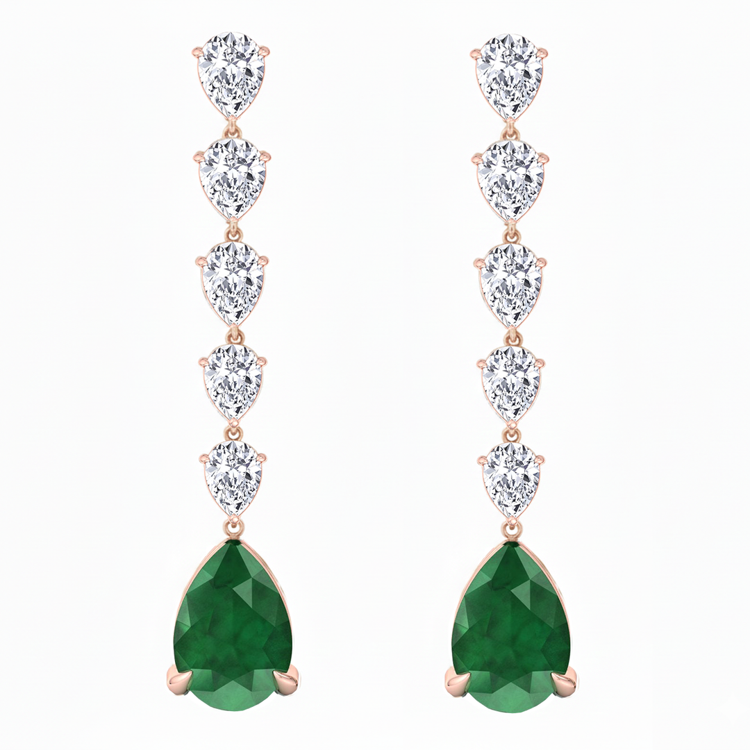 Pear Shape Lab Grow Green Emerald and Diamond Drop Earrings Rose Gold 14K
