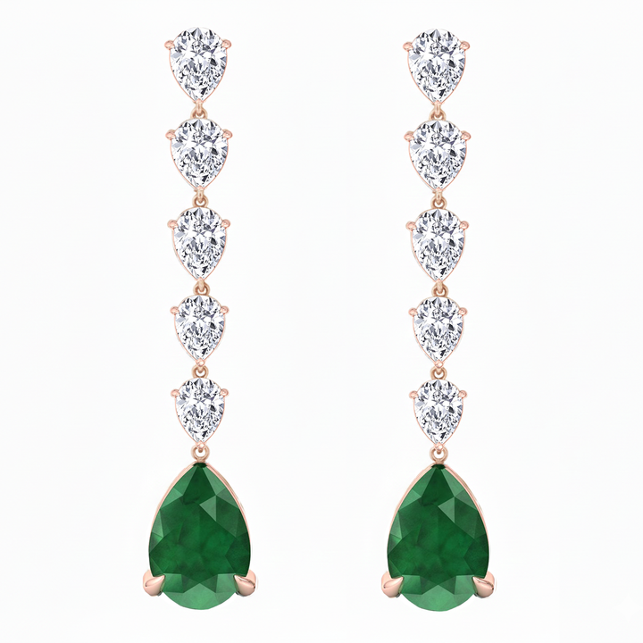 Pear Shape Lab Grow Green Emerald and Diamond Drop Earrings Rose Gold 14K