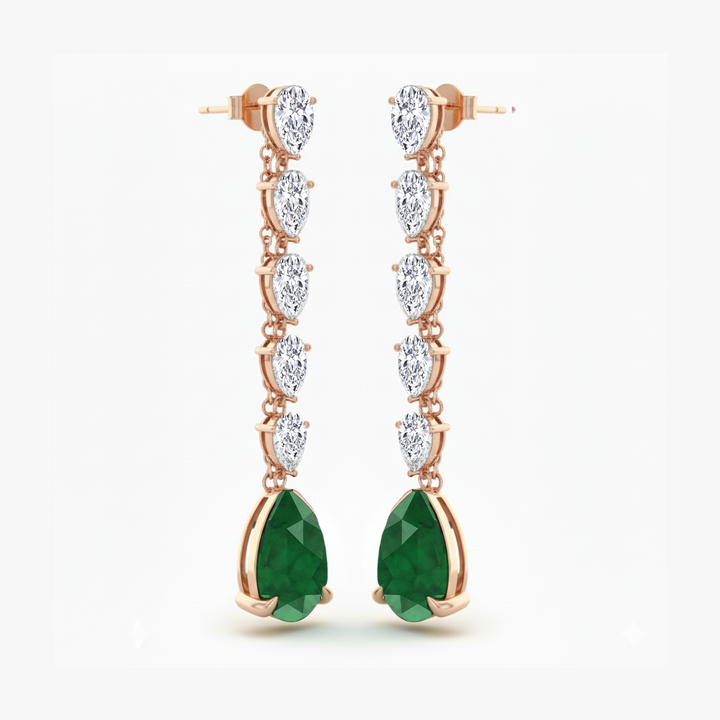 Pear Shape Lab Grow Green Emerald and Diamond Drop Earrings Rose Gold 18K