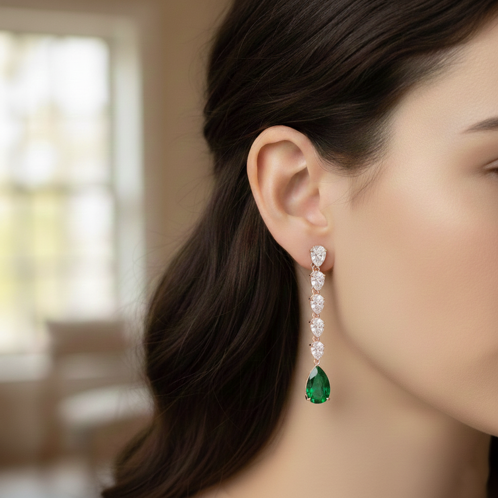 Pear Shape Lab Grow Green Emerald and Diamond Drop Earrings Rose Gold 