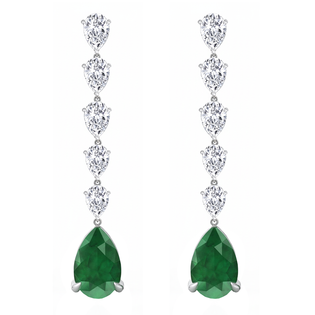 Pear Shape Lab Grow Green Emerald and Diamond Drop Earrings White Gold 14K