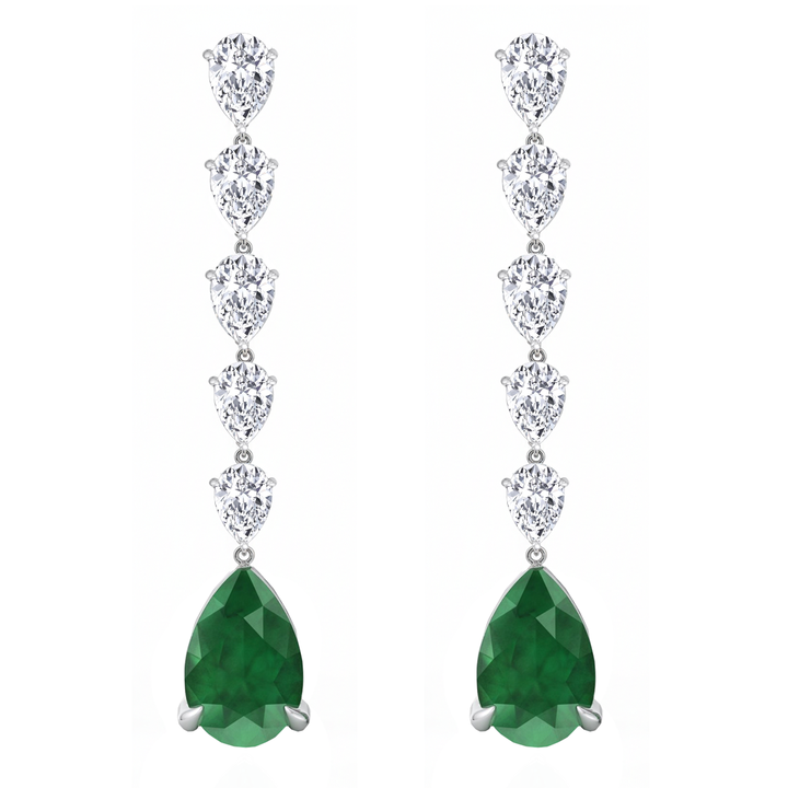 Pear Shape Lab Grow Green Emerald and Diamond Drop Earrings White Gold 14K
