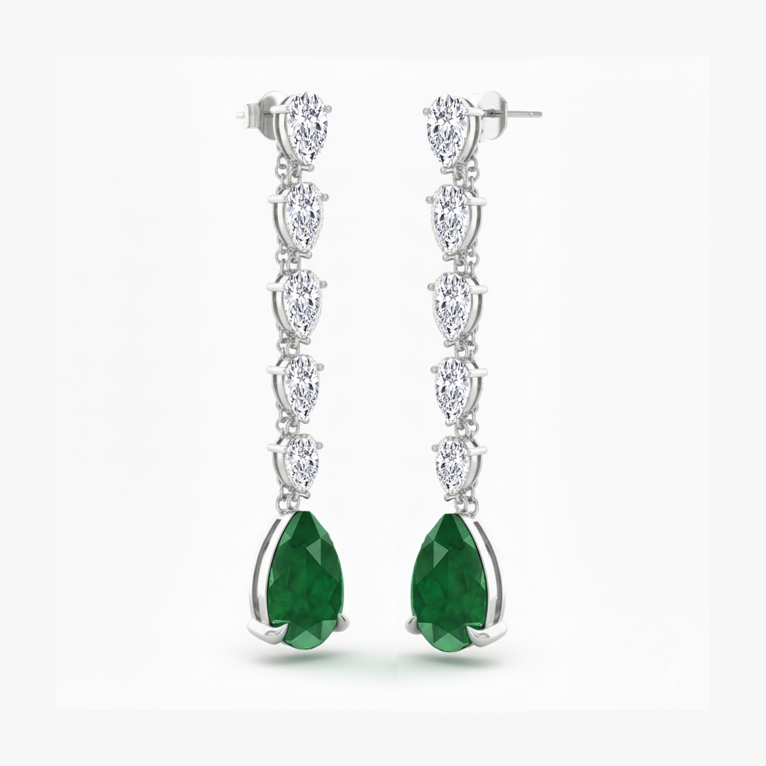 Pear Shape Lab Grow Green Emerald and Diamond Drop Earrings White Gold 18K