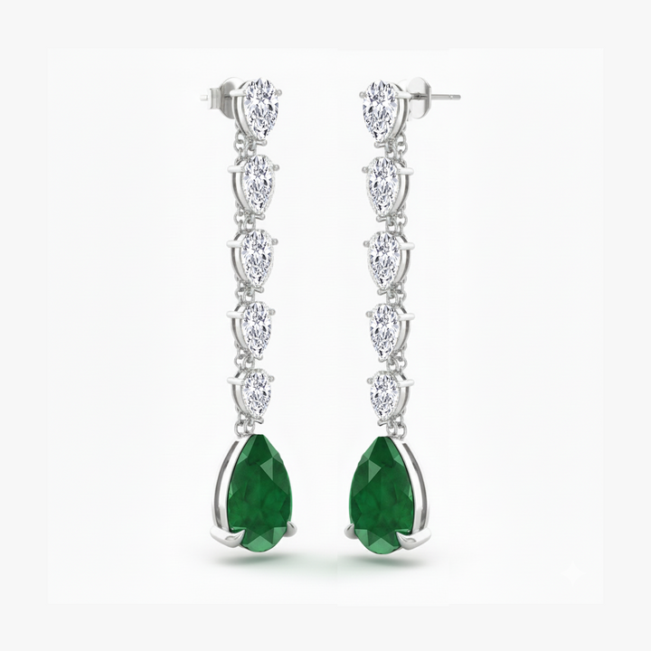 Pear Shape Lab Grow Green Emerald and Diamond Drop Earrings White Gold 18K