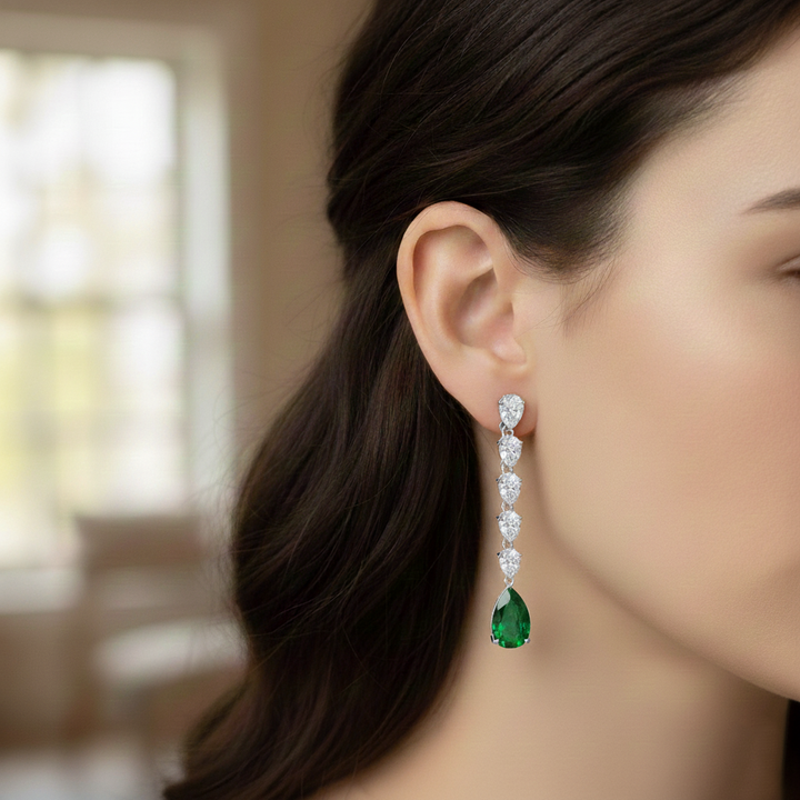 Pear Shape Lab Grow Green Emerald and Diamond Drop Earrings White Gold