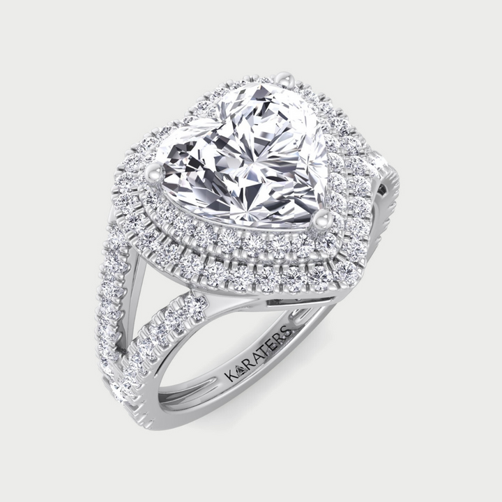 Heart Shaped Cut Lab Grown Diamond Engagement Ring with Double Halo and Band