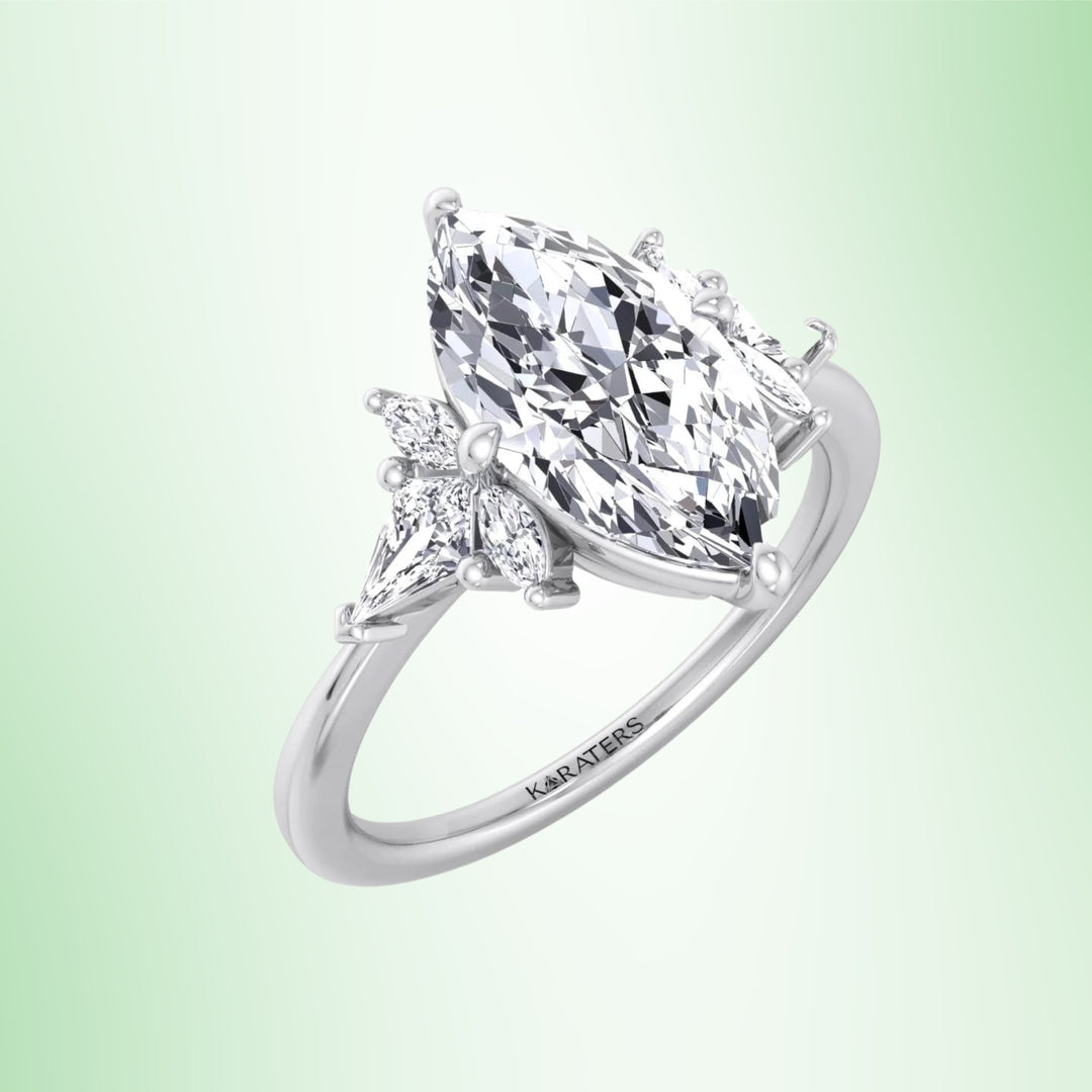 Helle-Marquise Shape Lab Diamond Engagement Ring with Marquise and Pear Shape Sidestones