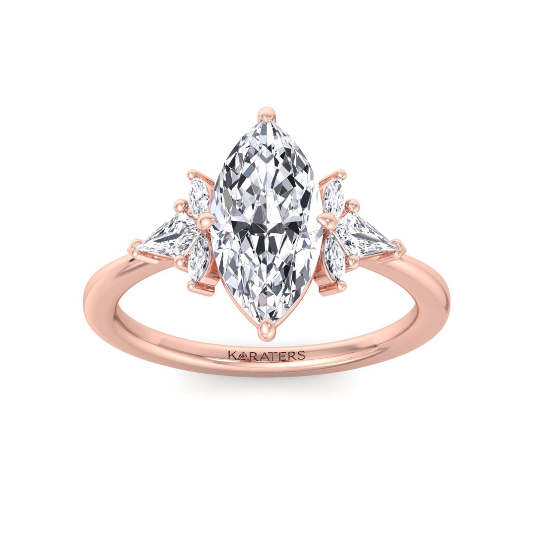 Helle-Marquise Shape Lab Diamond Ring Marquise, Pear Sidestones, Front Down