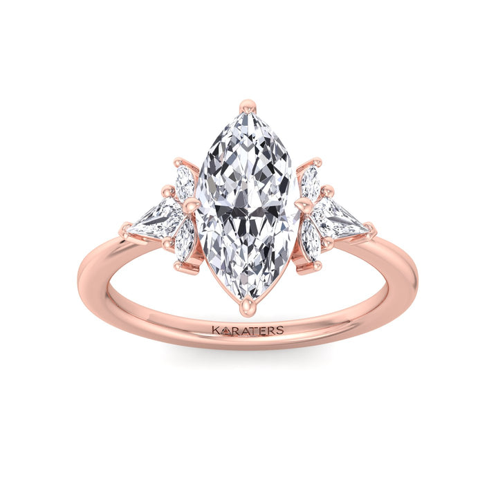 Helle-Marquise Shape Lab Diamond Ring Marquise, Pear Sidestones, Front Down