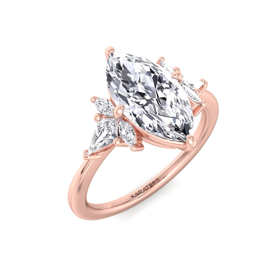 Helle-Marquise Shape Lab Rose Gold Diamond Ring, Sidestones, Top Down