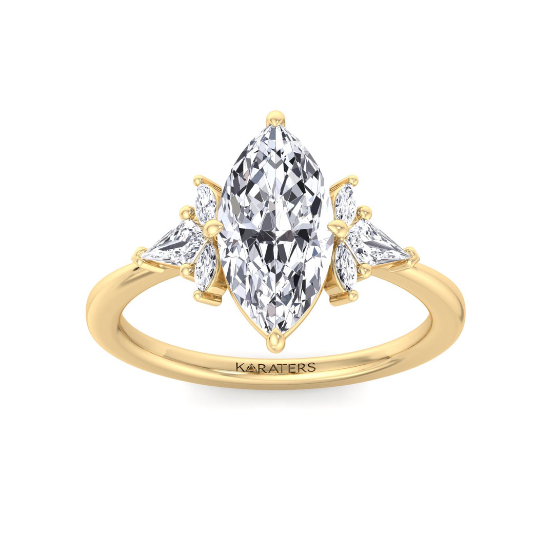 Helle-Marquise Shape Lab Yellow Gold Diamond Ring, Front, Top Down