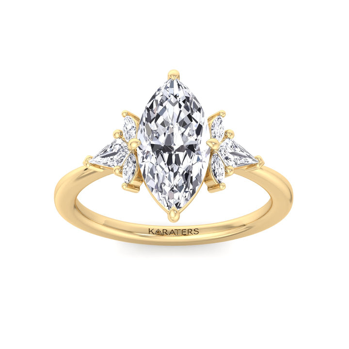 Helle-Marquise Shape Lab Yellow Gold Diamond Ring, Front, Top Down