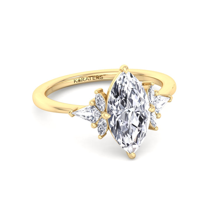 Helle-Marquise Shape Lab Yellow Gold Diamond Ring with Sidestones, Front