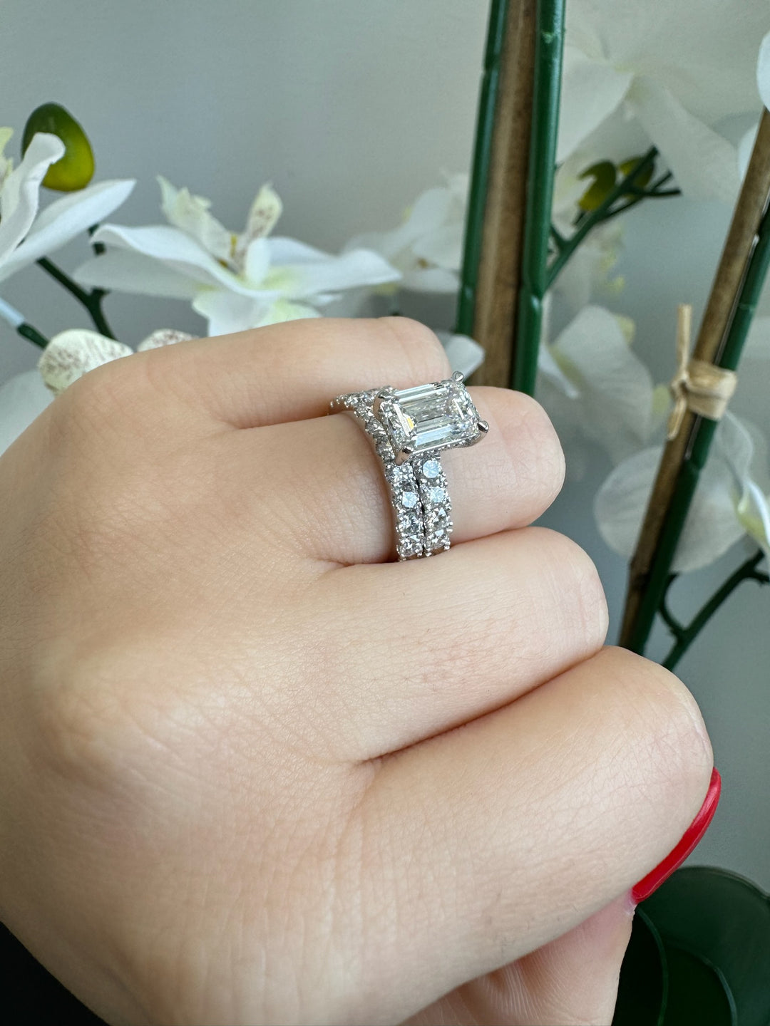 Hidden Halo Emerald Lab Diamond Ring Sidestones White Gold